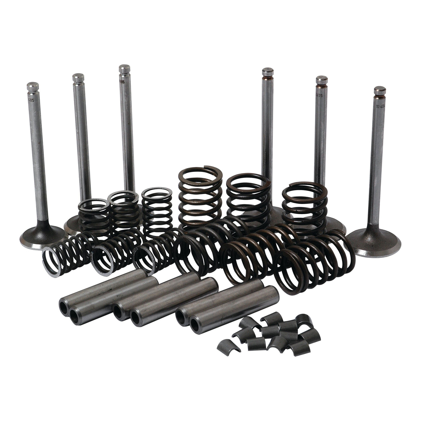 A collection of metal engine components from the Valve Train Kit - S.41585 by Sparex, including valve guides, exhaust valves, springs, and cylindrical parts, arranged on a white background.