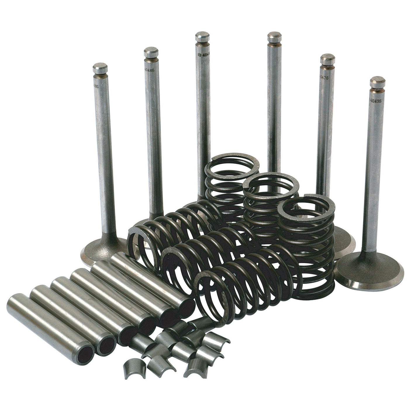 A Valve Train Kit - S.41586, including exhaust valves, inlet valves, valve springs, valve retainers, and a valve guide from the brand Sparex, arranged on a white background.