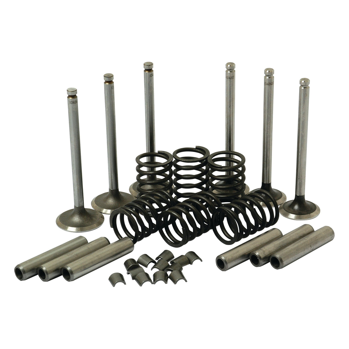 A Valve Train Kit by Sparex (Part No. S.41587)—designed for Perkins engines—includes a comprehensive set of metal engine valves, springs, guides, and keepers, all showcased against a white background.