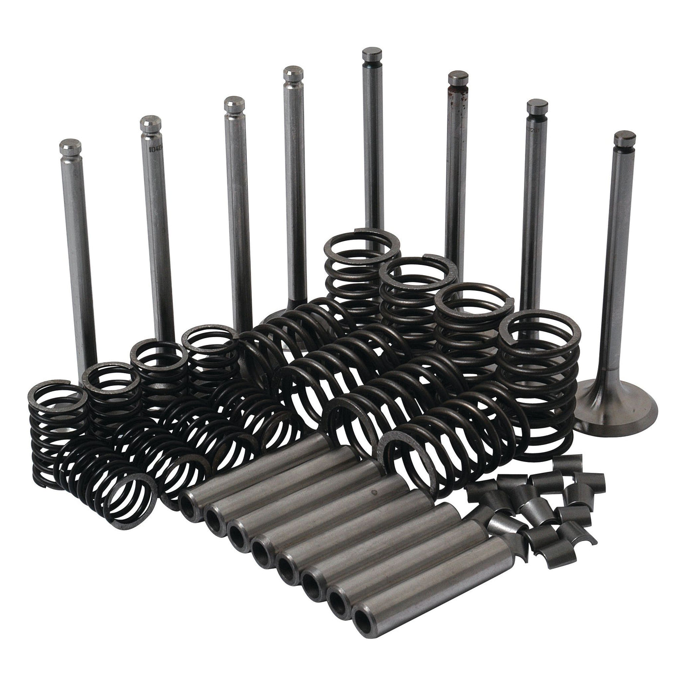 The **Sparex Valve Train Kit - S.41589** is a set of metal engine components that includes intake valves, exhaust valves, valve springs, retainers, and locks arranged in a group.