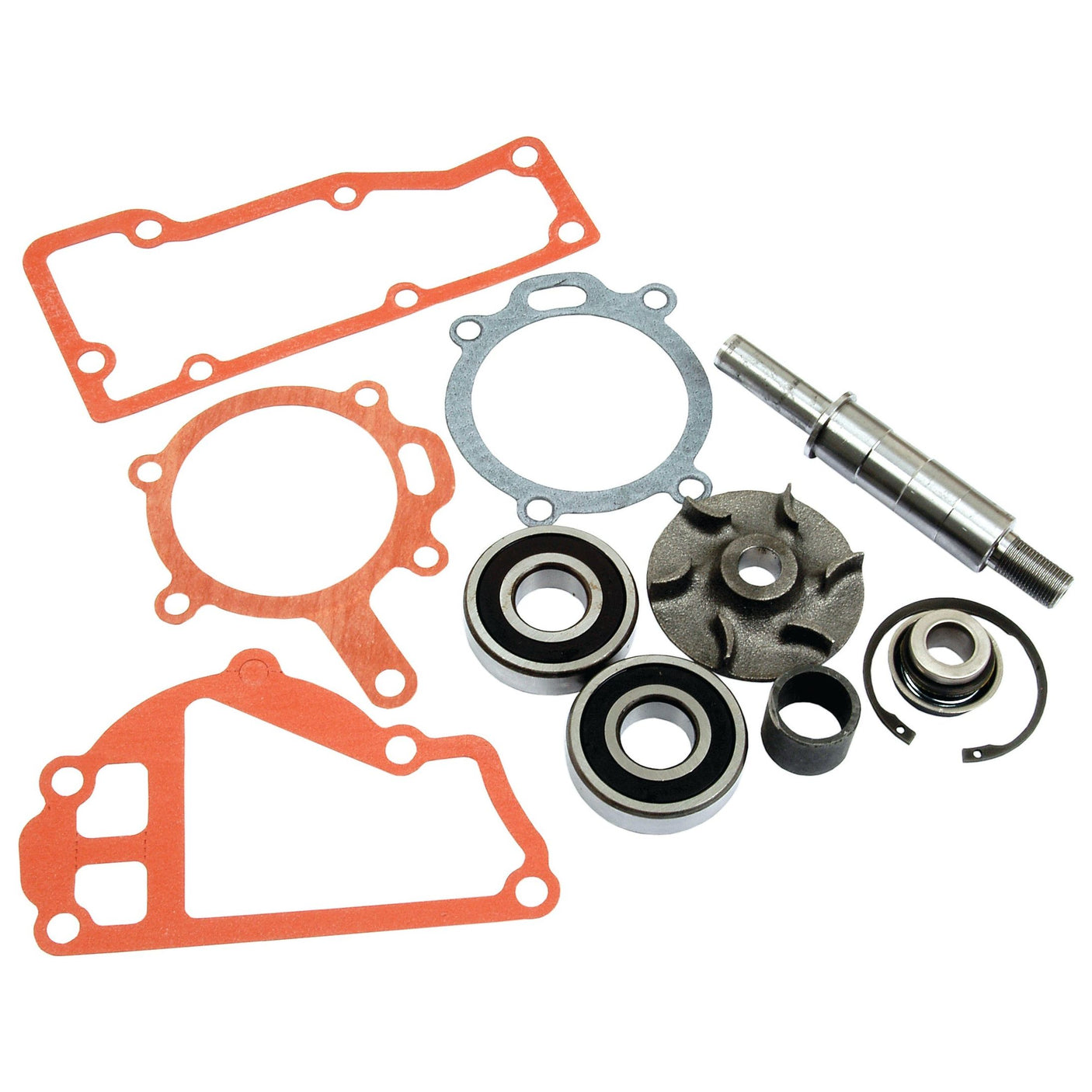 A collection of various engine parts, including gaskets, bearings, seals, a shaft, and an impeller arranged on a white surface. This assortment looks like it could be part of the Sparex Water Pump Repair Kit (Part No. S.41592) for Perkins or Massey Ferguson machinery.