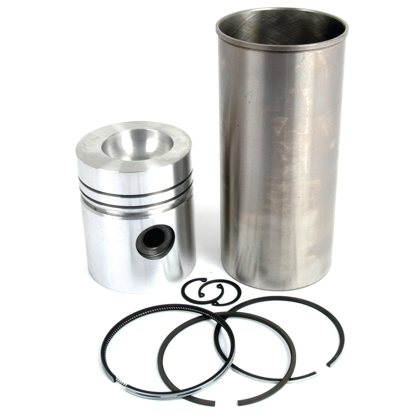 Image of a metal piston, a cylindrical sleeve, and five different piston rings from the Sparex Piston Ring and Liner Kit (Sparex Part No. S.41595) placed on a white surface.