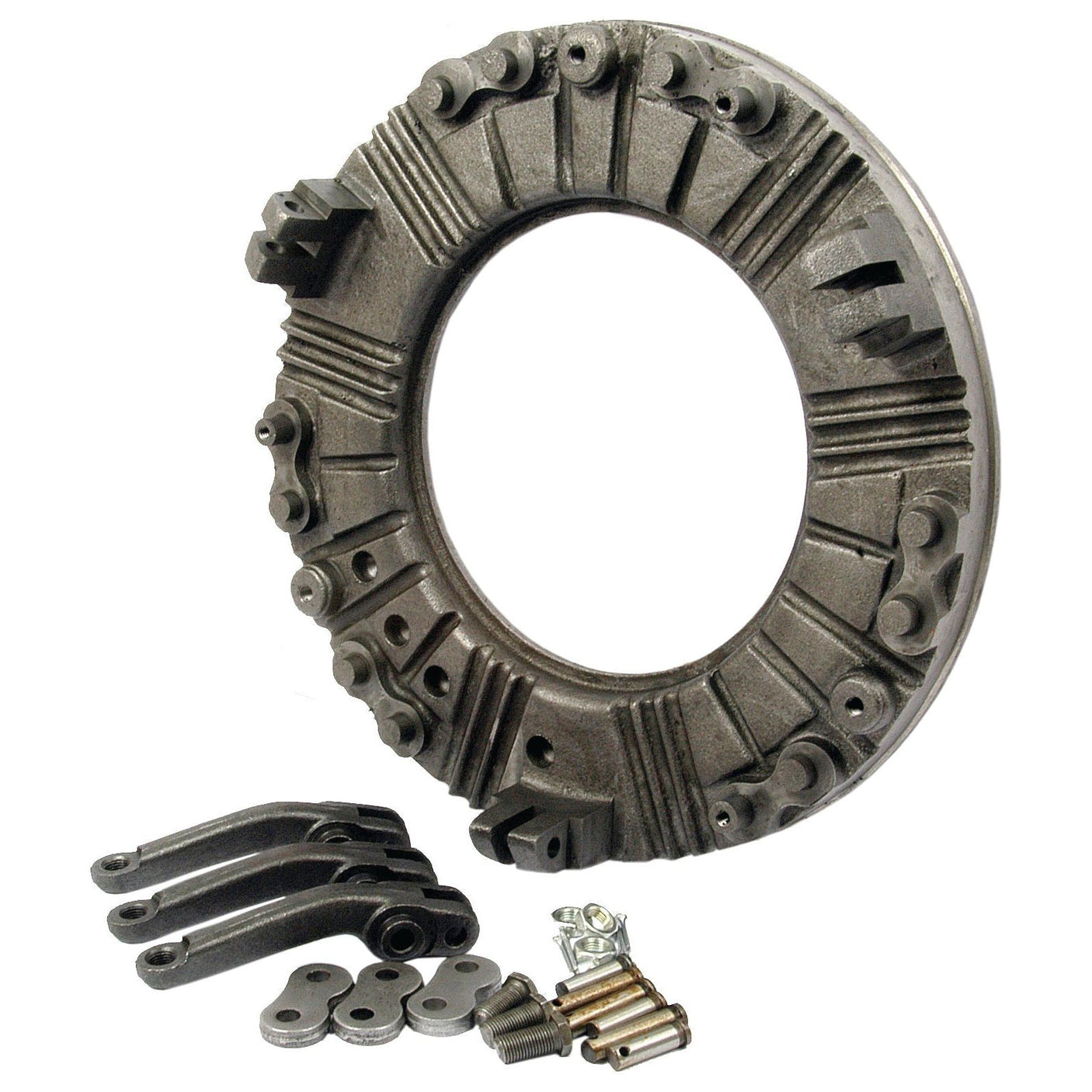 Image of a heavy-duty circular piece of machinery, resembling the Clutch Cover and Finger Kit for Massey Ferguson tractors (Sparex Part No.S.41598) by Sparex, with accompanying smaller components including levers, washers, bolts, and nuts. The main piece features multiple slots and protrusions.