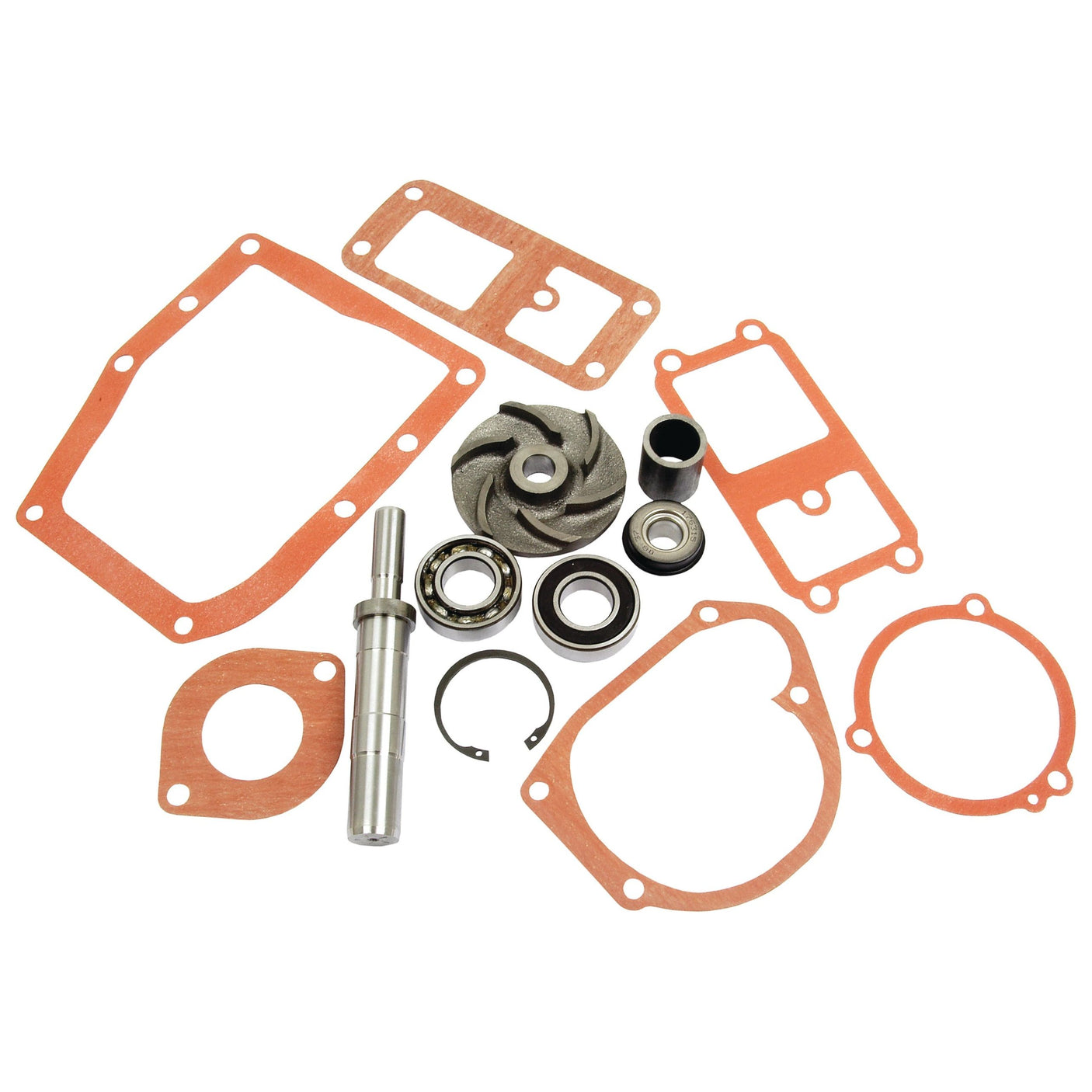 A selection of gaskets, bearings, seals, and a metal shaft arranged on a white background—likely components for a mechanical or automotive application such as the Sparex Water Pump Repair Kit (Part No. S.41611), compatible with Perkins engines or Massey Ferguson machinery.