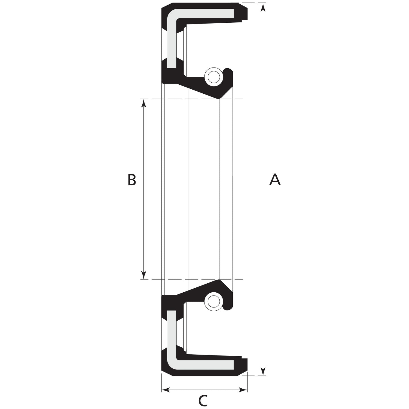 Technical drawing of a rectangular object with dimensions labeled A, B, and C in black lines. The object has angled ends and two circular cutouts near each end. This resembles a component from a Massey Ferguson 135, possibly related to the Sparex Imperial Rotary Shaft Seal (Sparex Part No.S.41618), which measures 1 1/4'' x 1 3/4'' x 1/4'' and features a single lip design.