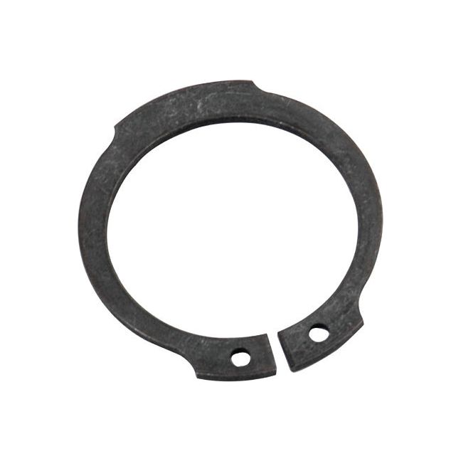 The Sparex External Circlip, 26.4mm (Sparex Part No.S.41627), is a black metal retaining ring featuring two holes on opposite ends. Designed in accordance with DIN 471 standards, this product is perfect for securing components on a shaft or in a bore and is ideal for use in machinery such as Massey Ferguson tractors.