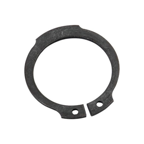 The Sparex External Circlip, 26.4mm (Sparex Part No.S.41627), is a black metal retaining ring featuring two holes on opposite ends. Designed in accordance with DIN 471 standards, this product is perfect for securing components on a shaft or in a bore and is ideal for use in machinery such as Massey Ferguson tractors.