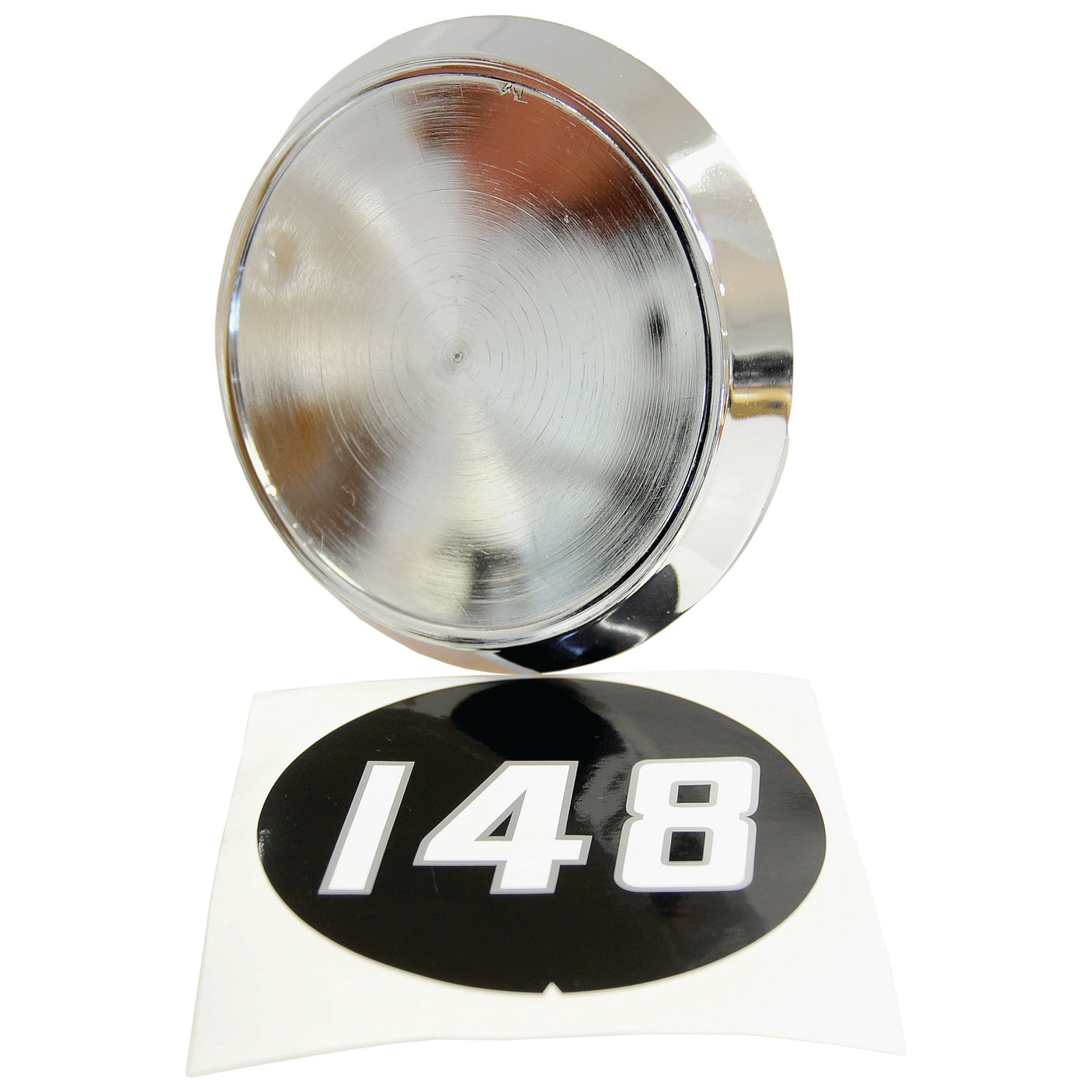 A Sparex Medallion - Massey Ferguson 148 (Part No. S.41642) is displayed with a chrome hubcap, featuring a black and white "148" sticker, evoking the classic Massey Ferguson design.