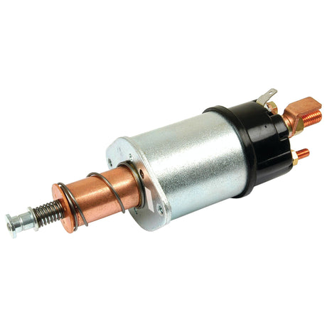 The Sparex Starter Solenoid (Part No. S.41737) is a metallic 12V automotive starter solenoid featuring copper terminals and a spring mechanism, compatible with Massey Ferguson tractors.