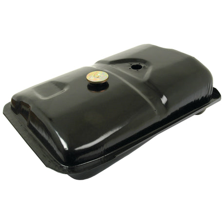 A Sparex Fuel Tank (Part No. S.41748) in black, featuring a small cap and a metal plate on its surface, designed for the Massey Ferguson 135, placed on a white background.