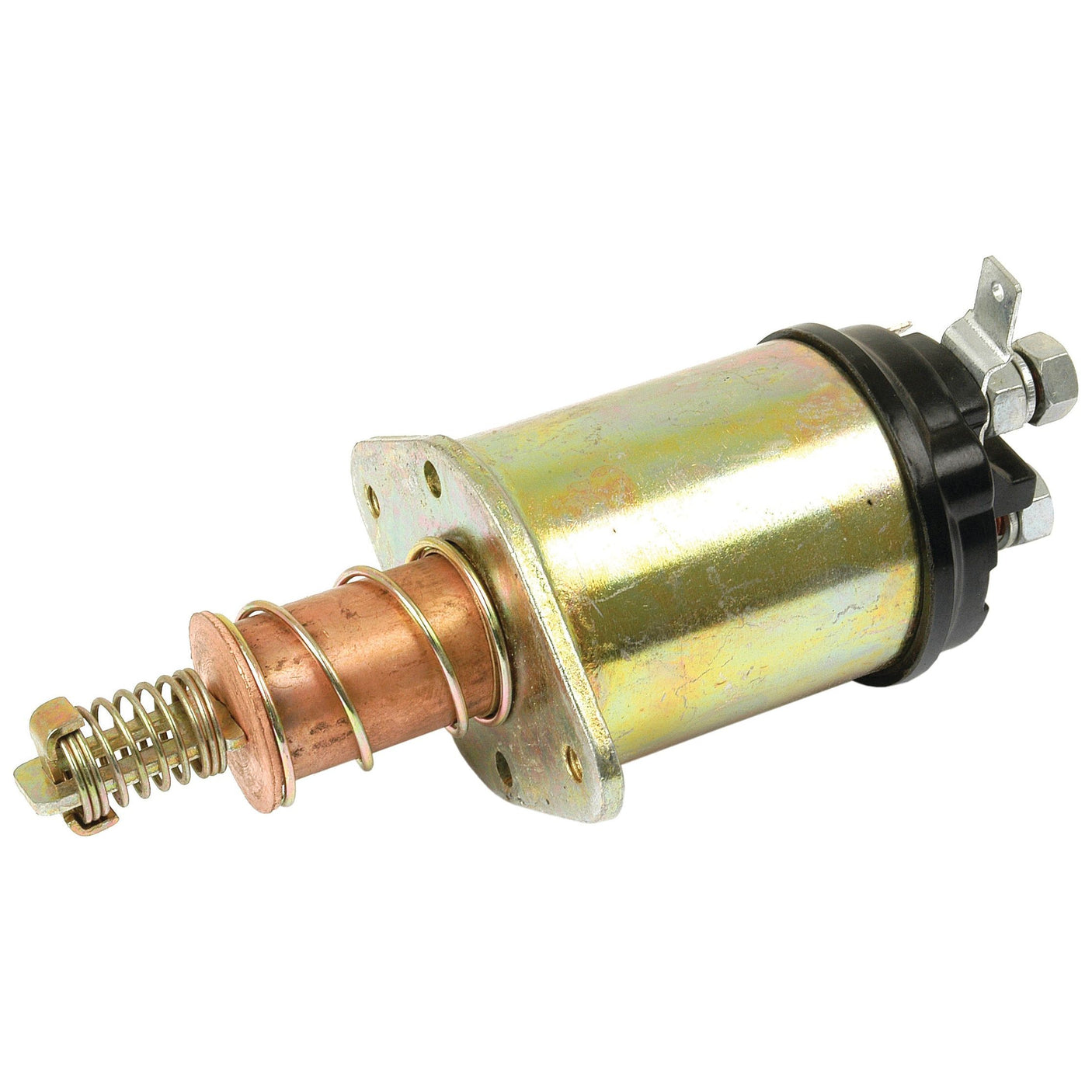 Close-up of the Starter Solenoid (Sparex Part No. S.41759) with a cylindrical body, copper-colored components, and a spring mechanism, featuring metallic connectors at one end—ideal for Massey Ferguson applications from the Sparex brand.