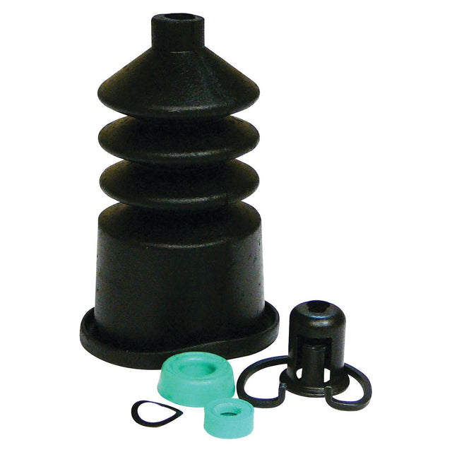 A set of automotive parts from a Brake Master Cylinder Repair Kit by Sparex (Sparex Part No.S.41807), including a black flexible rubber boot, a black plastic cylindrical cap, a green rubber ring, a small green ring, and a black O-ring, arranged on a white background.