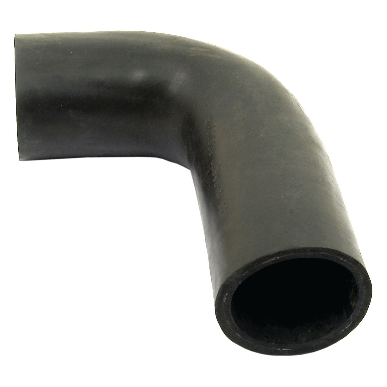 A black, right-angle rubber hose with a smooth surface, suitable for Massey Ferguson machinery. Product name: Top Hose - Inner Ø of both ends 48mm (Sparex Part No. S.41829).