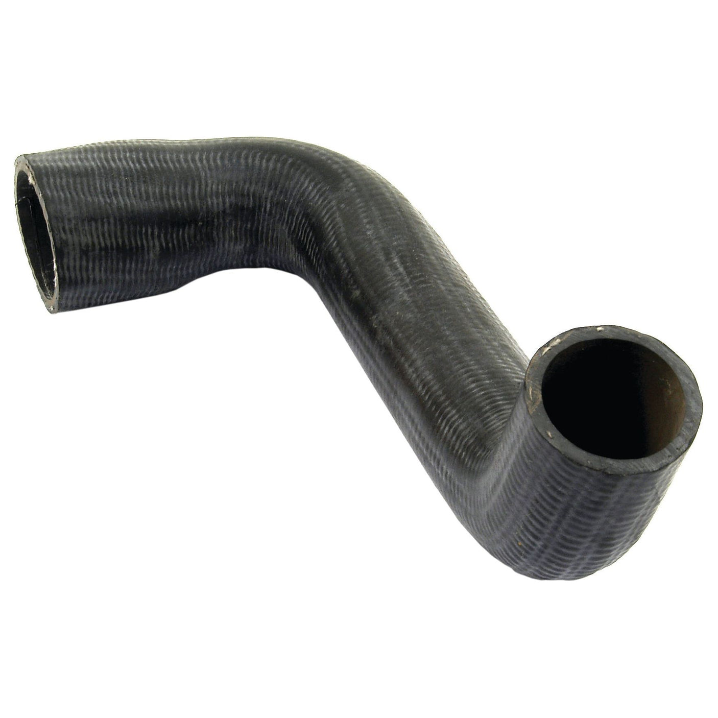 A black, L-shaped rubber hose with a textured surface and open ends, paired with a shiny hose clip, viewed against a plain white background. The product is identified as Sparex Bottom Hose S.41834 featuring an inner diameter of 40mm at the smaller end and 48mm at the larger end.