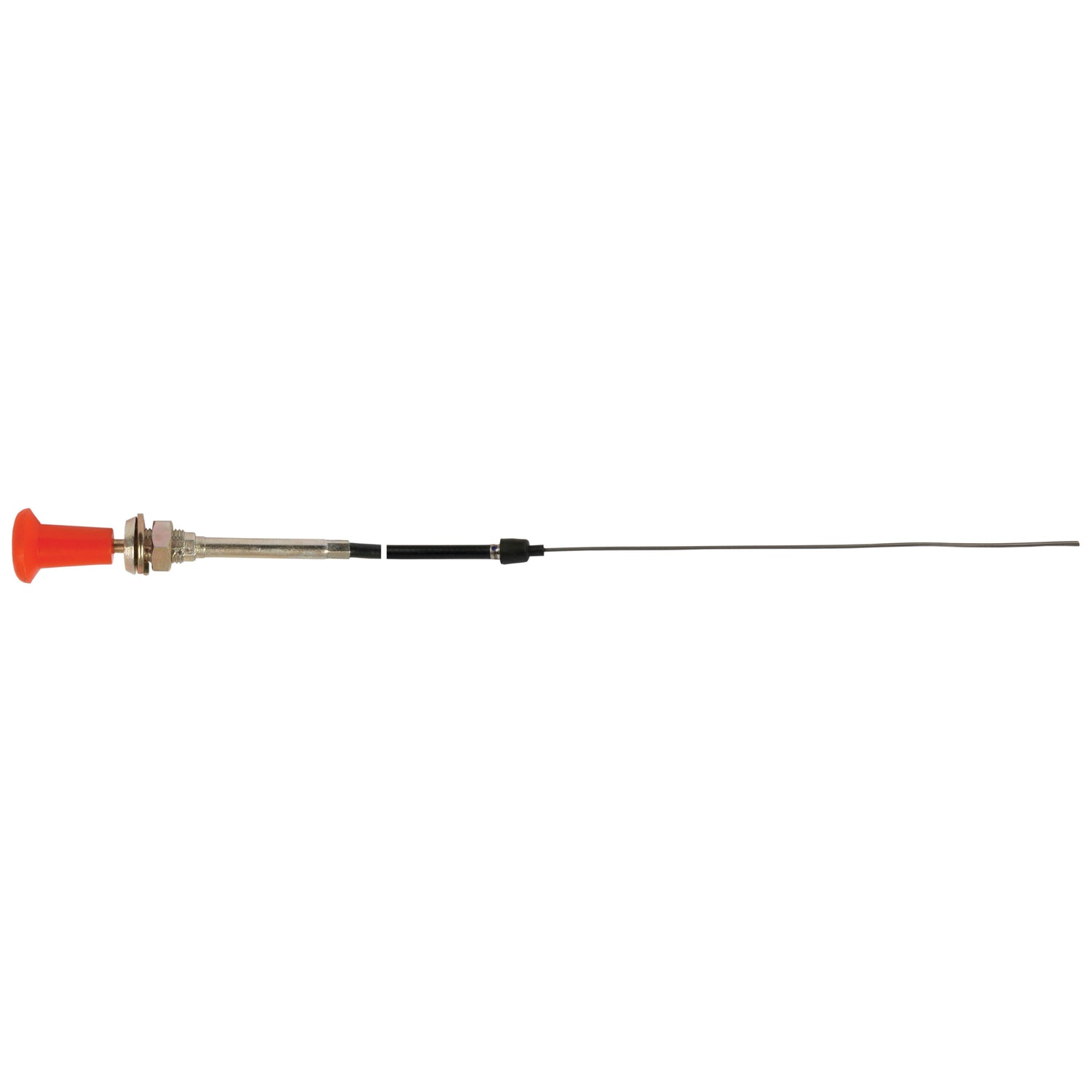 A Sparex Engine Stop Cable (Sparex Part No. S.41840) measuring 1545mm in length with an outer cable length of 1309mm, featuring a thin flexible wire on one end and an orange T-handle on the other, is suitable for John Deere or Massey Ferguson machinery.