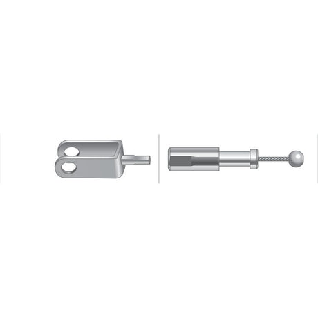 Illustration of a metal clevis and a connecting rod end with a ball joint, shown separately on a white background. Ideal for Massey Ferguson throttle cable replacements, this detailed image highlights high-quality components potentially sourced from Sparex, specifically the Throttle Cable - Length: 217mm, Outer cable length: 210mm (Sparex Part No. S.41841).