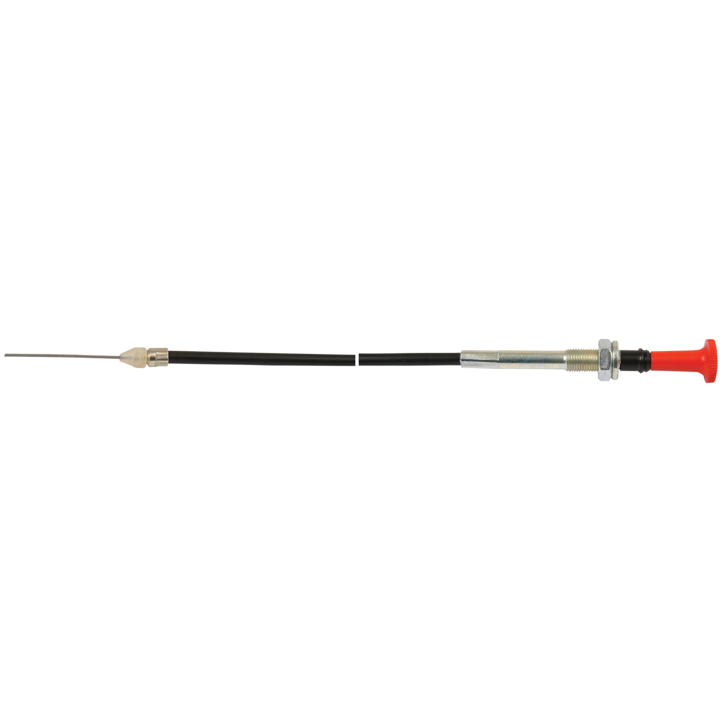 A long, slim Engine Stop Cable, featuring a red knob at one end and a slender wire extending from the opposite end, is designed specifically for Massey Ferguson tractors and available from Sparex with Part No. S.41847. The cable measures 1130mm in length with an outer cable length of 1020mm.