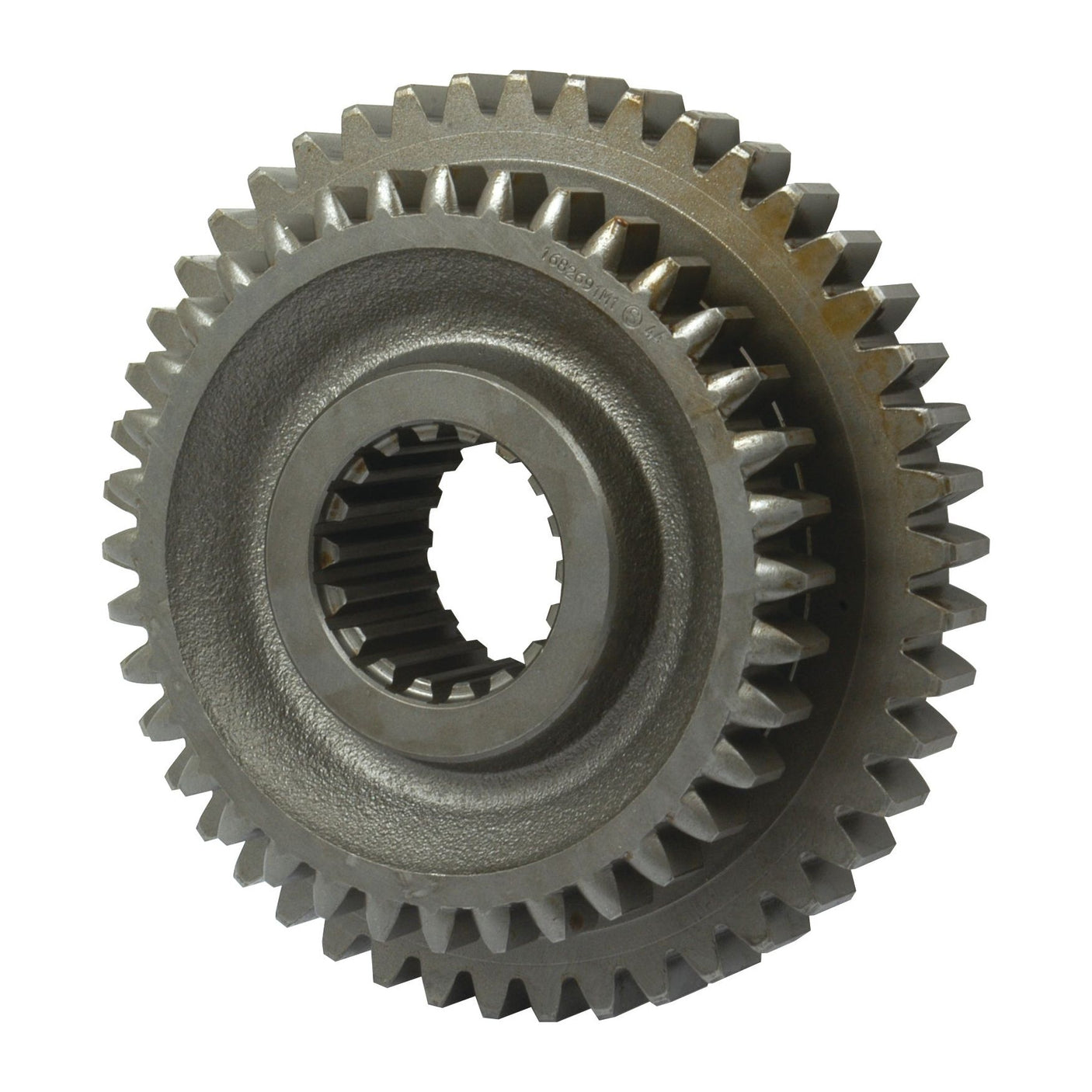 Close-up of the Transmission Gear - 2nd & 4th (Sparex Part No.S.41852) from the Sparex brand, showing two interlocking metal gears with teeth, one smaller and partially overlapping the larger one, reminiscent of the precise engineering found in Massey Ferguson machinery, against a plain white background.