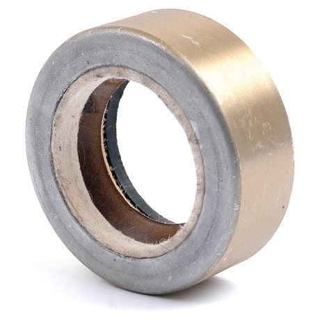 The Sparex Imperial Rotary Shaft Seal (Part No. S.41867), measuring 1 5/8'' x 2 7/16'' x 7/8'', is a cylindrical metal bearing with a silver outer ring and a gold inner ring, featuring a hollow center—perfectly compatible with Massey Ferguson machinery.