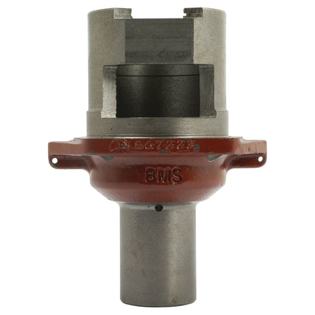 Close-up of a metal mechanical part with a cylindrical base, red flange, and hollow upper section, labeled "BMS" and marked with the number "1567223." This Gearbox Input Housing (Sparex Part No. S.41870) from Sparex ensures optimal performance.