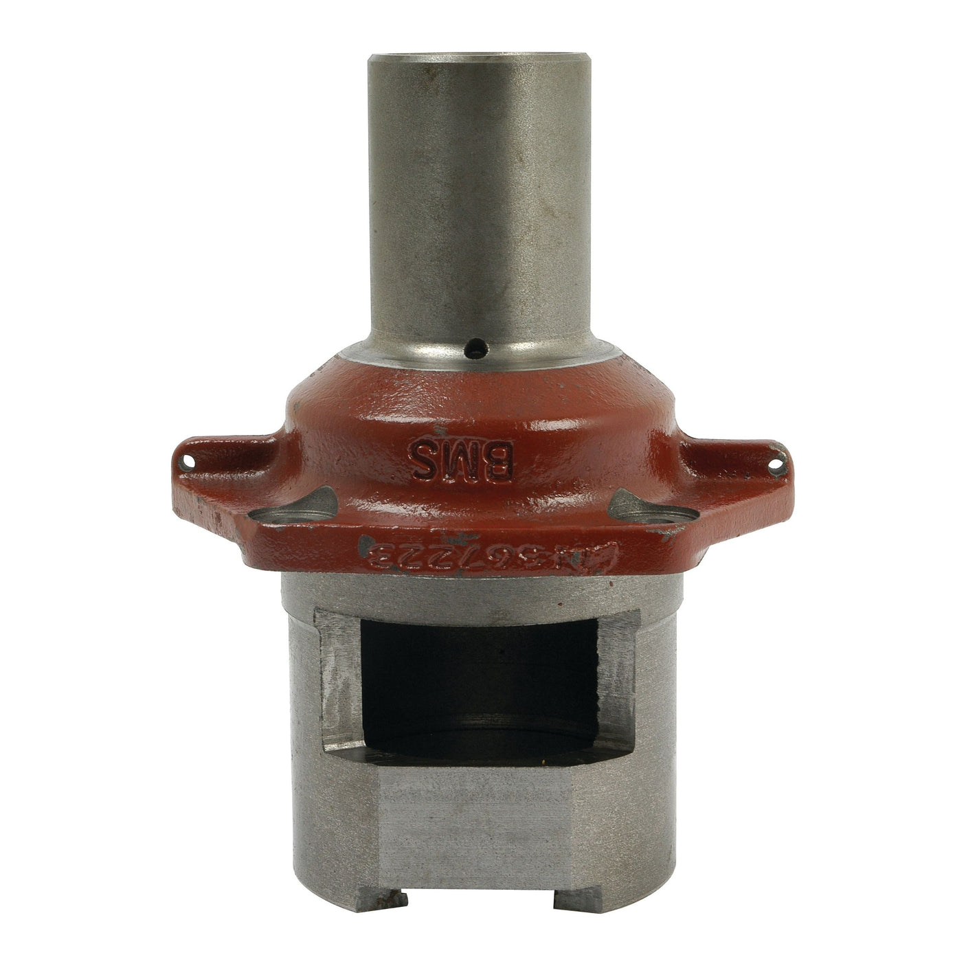 The Gearbox Input Housing, Sparex Part No. S.41870 from the brand Sparex, is a metal industrial component featuring a cylindrical shaft, a red and silver housing, and an open rectangular compartment at the base. It is marked with "BMS" and numbers and closely resembles a Massey Ferguson gearbox input housing.