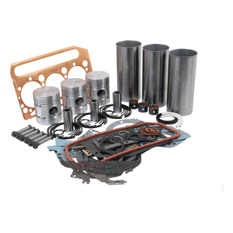 Displayed on a white background is the Sparex Engine Overhaul Kit without Valve Train (Chrome) - S.41882, featuring a variety of engine parts for the Perkins Engine A3.152 Model, including pistons, sleeves, gaskets, and bolts.