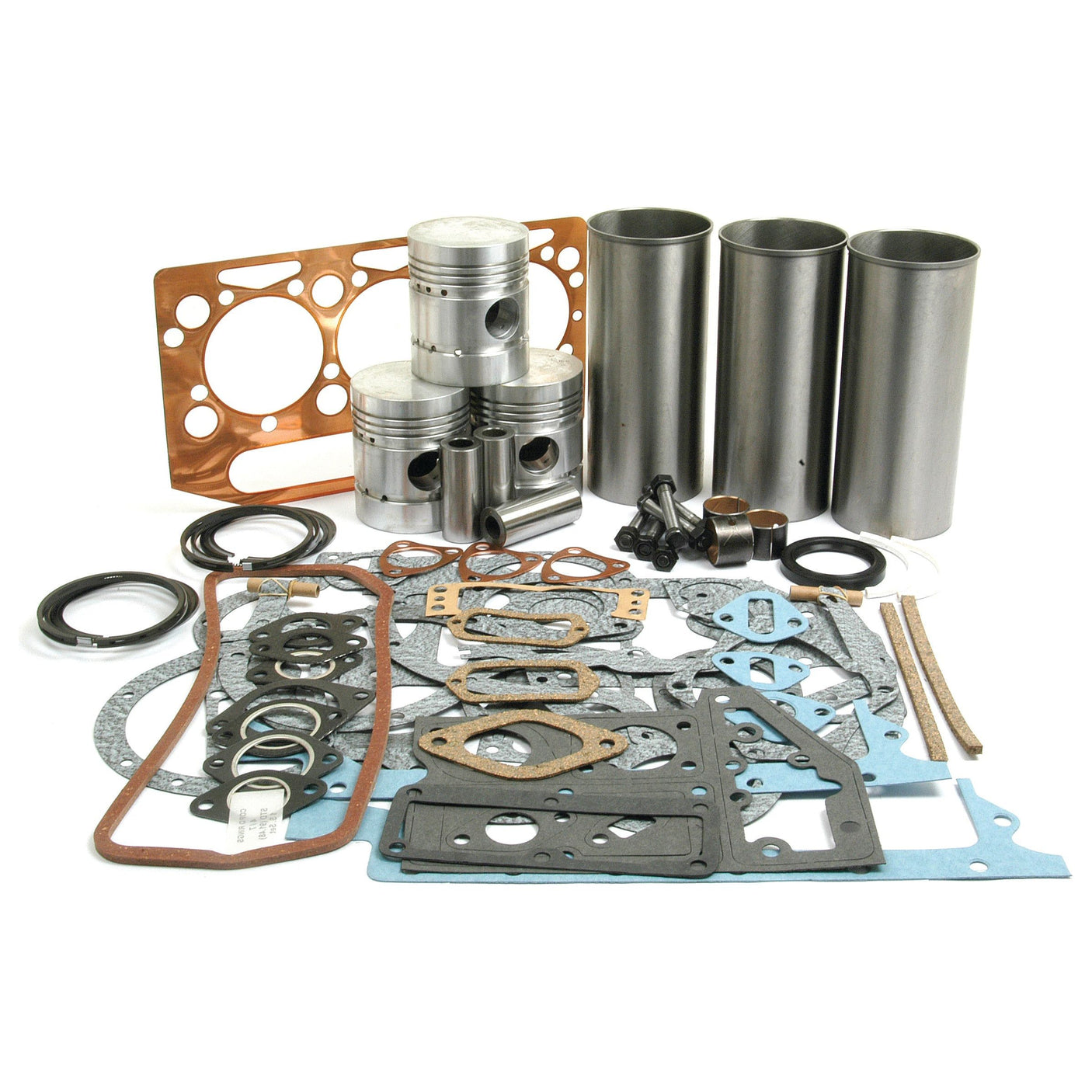 A collection of engine parts laid out on a white background, including pistons, gaskets, seals, and various metal components from the Sparex Engine Overhaul Kit without Valve Train (Finished) - S.41883.