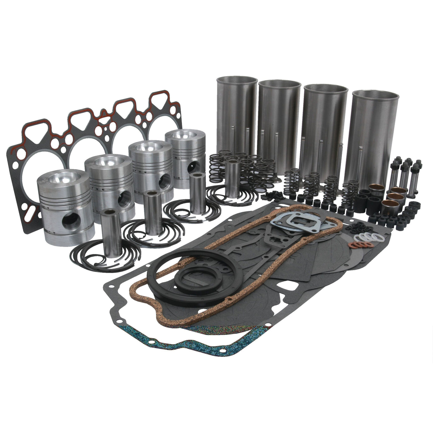 A meticulously arranged collection of pistons, gaskets, liners, and seals from a Perkins Engine can be found in the Sparex Engine Overhaul Kit with Valve Train (Finished) - S.41889.