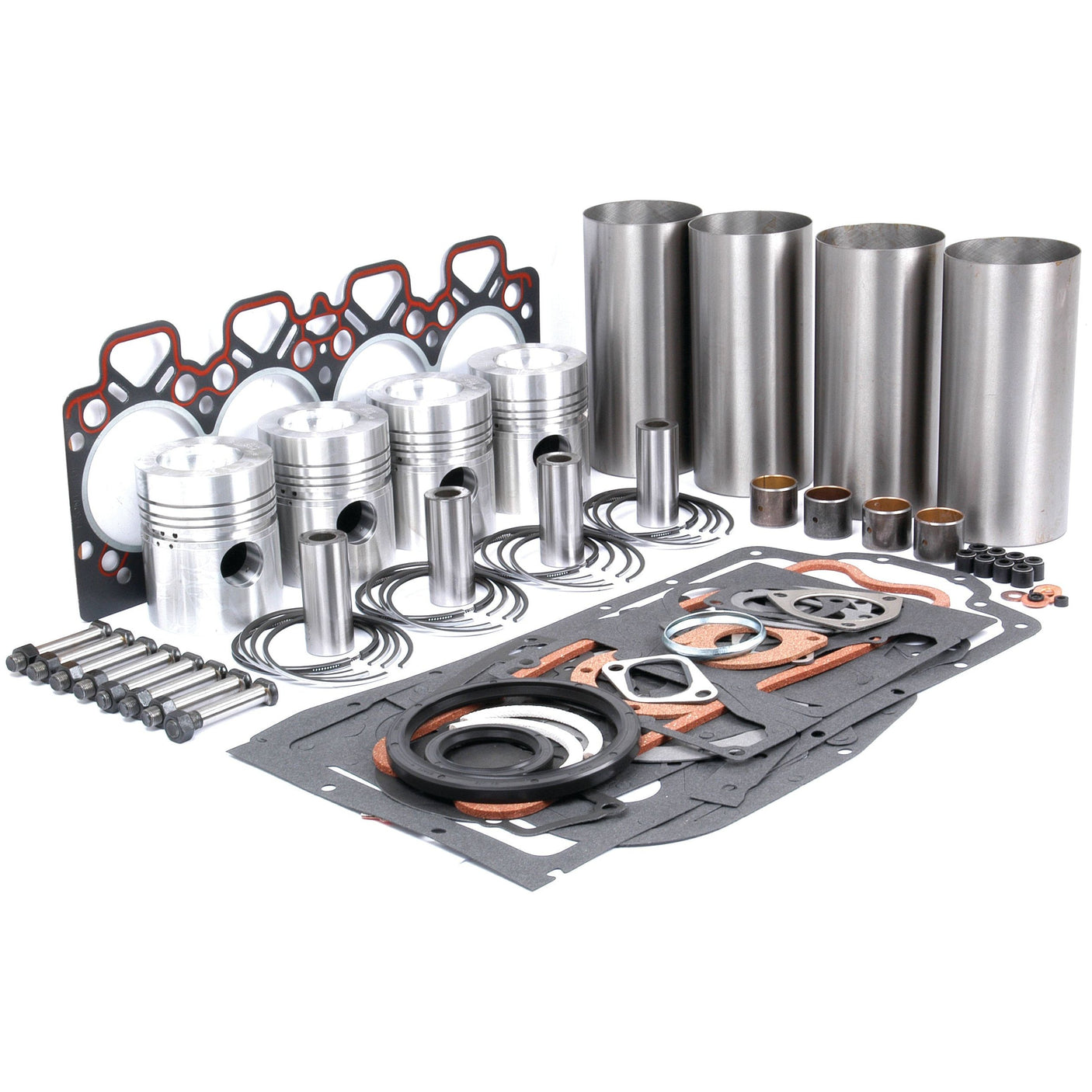 The Sparex Engine Overhaul Kit without Valve Train (Finished) - S.41911 includes pistons, cylinder sleeves, gaskets, bolts, and various seals organized neatly on a white background. It's perfect for your Perkins A4.248 and ensures all components are high quality and ready for a comprehensive restoration.