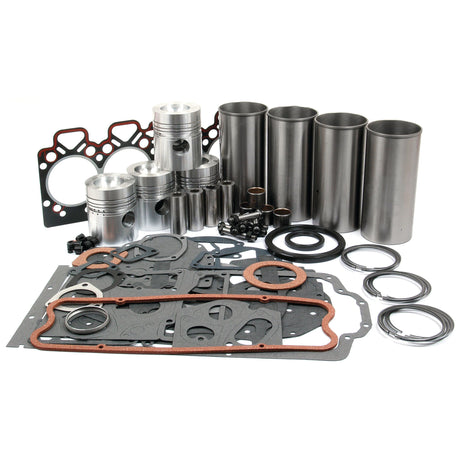 A collection of engine parts, including pistons, gaskets, piston rings, cylinder liners, and various seals and rings from the Sparex Engine Overhaul Kit without Valve Train (Finished) - S.41913 are arranged on a white background.