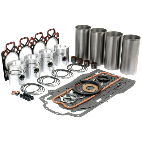 A Sparex Engine Overhaul Kit without Valve Train (Semi Finished) - S.41914, including pistons, gaskets, A4.248 Cylinder Brand liners, and various seals and rings, is arranged neatly on a white background.