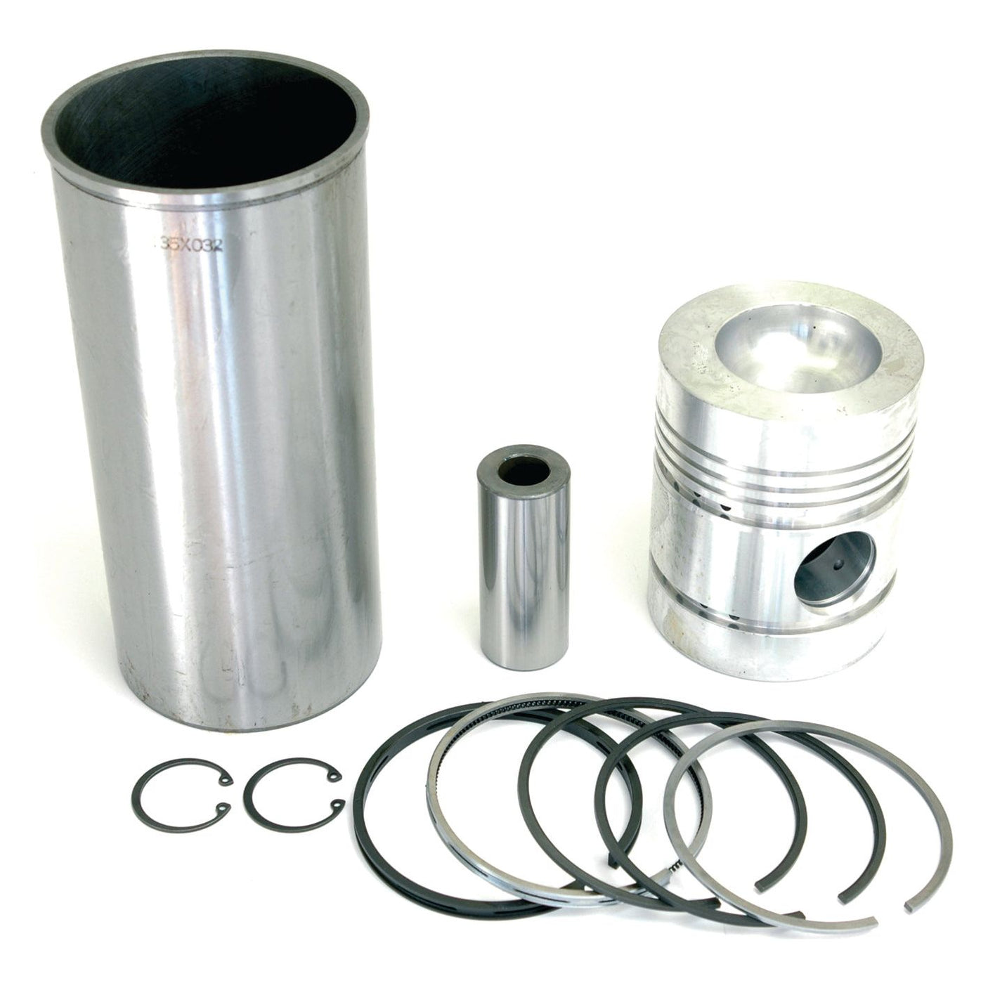 A Sparex Piston Ring and Liner Kit (Part No. S.41939), which includes a cylinder sleeve, piston, piston pin, piston rings, and locking clips, is neatly arranged on a white background.