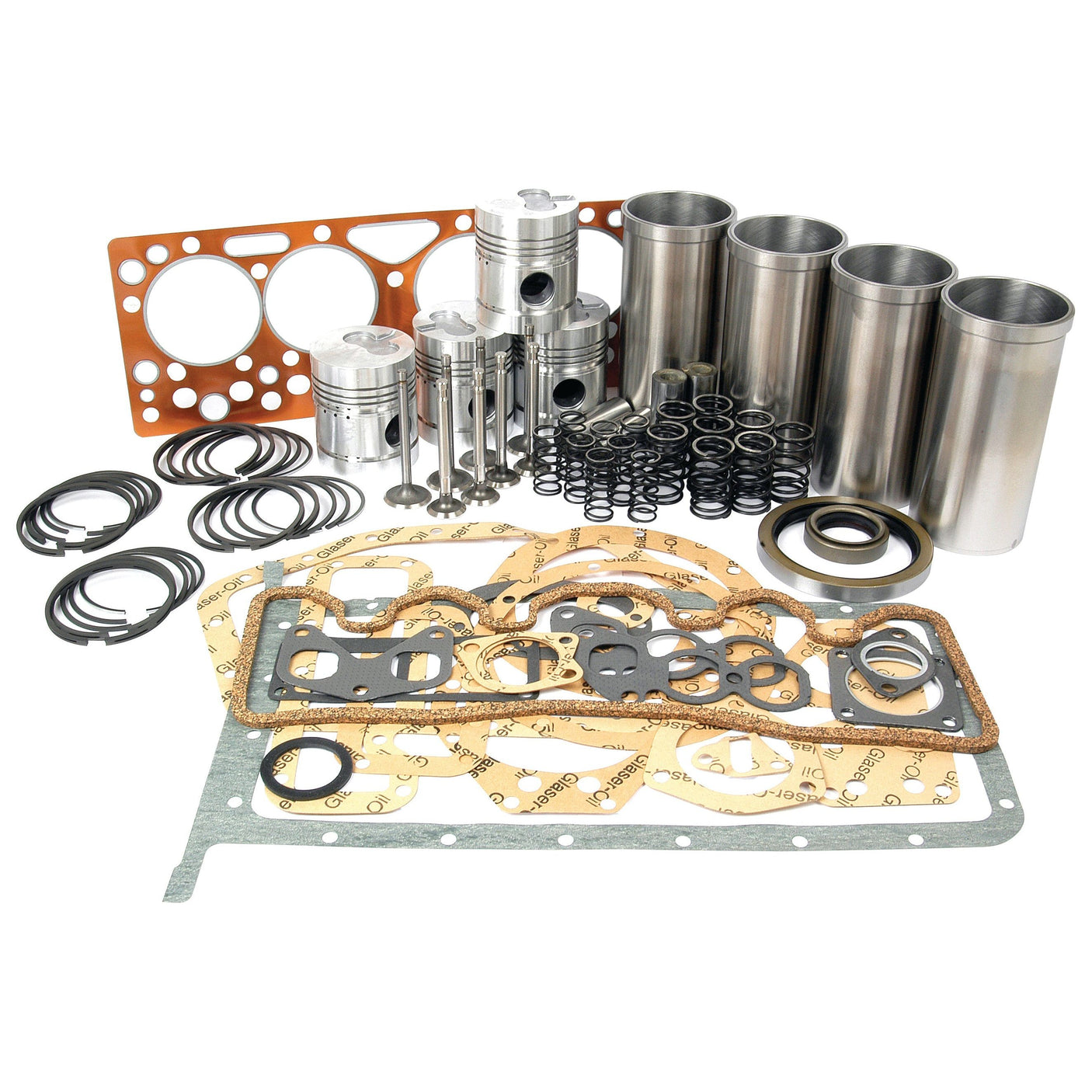 A meticulously organized collection of engine components, including pistons, gaskets, rings, valves, and 23C cylinder liners - the Engine Overhaul Kit without Valve Train (Finished) from Sparex (S.41944).