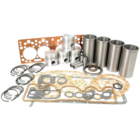 A comprehensive Engine Overhaul Kit featuring a collection of engine parts, including pistons, metal sleeves, gaskets, and rings for a Perkins Engine 23C Cylinder, meticulously arranged on a white surface. This is the Sparex "Engine Overhaul Kit without Valve Train (Finished) - S.41945.