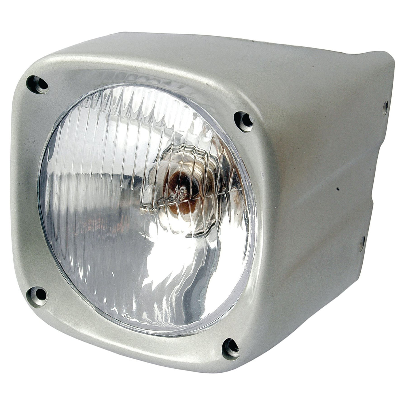 A close-up image of the Sparex Head Light and Cowl Kit (Halogen), RH, LH Dip, 12V - S.41948, displaying a rectangular headlamp with a clear, ribbed lens and a metallic casing. Four screws are visible at the corners securing the lens. The durable design is IP65 rated, ensuring its reliability in various weather conditions.