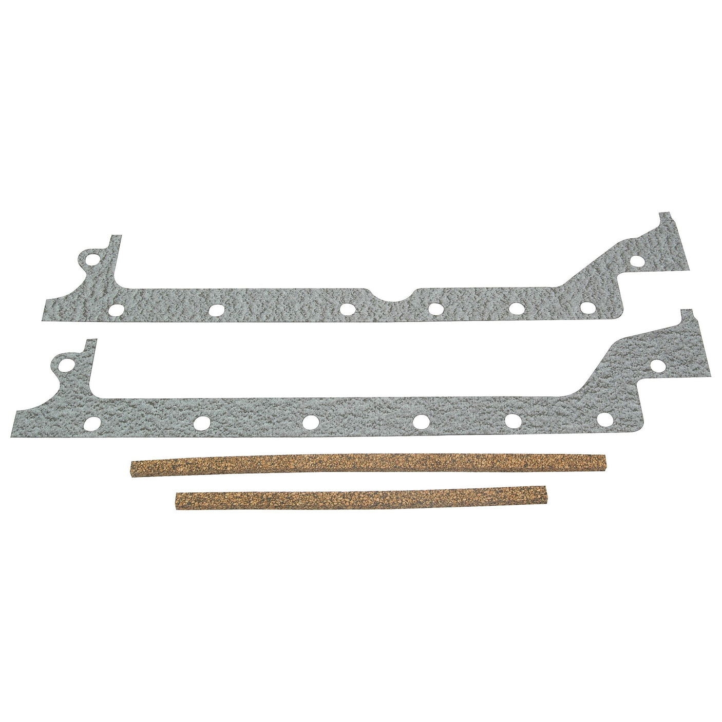 Two Sparex S.41950 sump gasket strips for Perkins Engines, featuring multiple holes and accompanied by two smaller, elongated cork pieces, displayed on a plain white background.