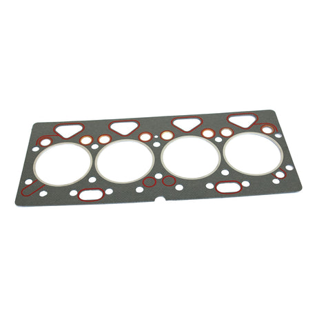 The Sparex Head Gasket - 4 Cyl. (T4.236, AT4.236, 1104C.44, P4000, P4001) | Sparex Part No.S.41952 is a metal gasket featuring four large circular openings and multiple smaller holes arranged around them, specifically designed for use in Perkins engines.