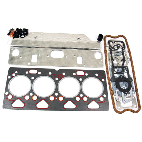 A set of metal gaskets, including head gaskets and other valve seals for a Perkins engine, specifically the Top Gasket Set - 4 Cyl. (4.285, 4.236, 4.212, 4.248) by Sparex (Sparex Part No.S.41955), laid out on a white background.
