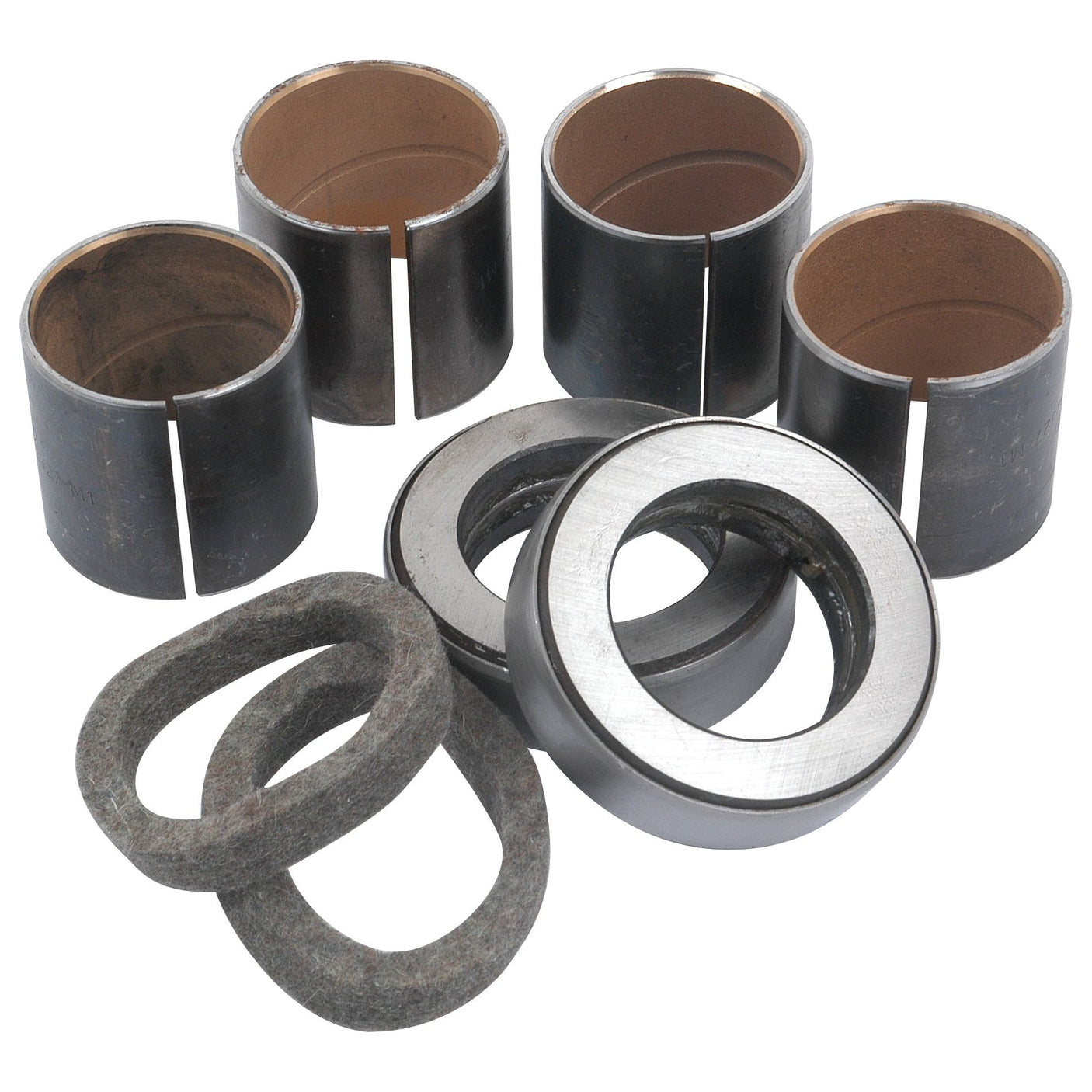 A collection of six cylindrical bushings, two circular metal rings, and three felt rings from the Sparex Spindle Repair Kit (Sparex Part No. S.41956) arranged on a white background.