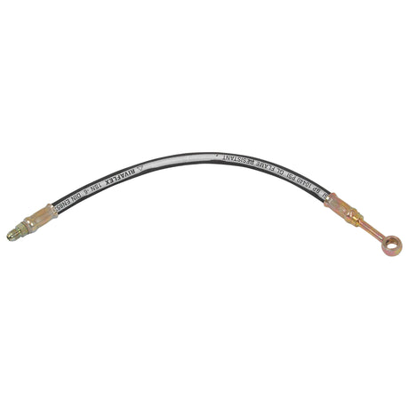 The Hydraulic Hose, Sparex Part No. S.41958 by Sparex, is a curved hose with brass fittings at both ends and text printed along its length, specifically designed for Massey Ferguson machinery.