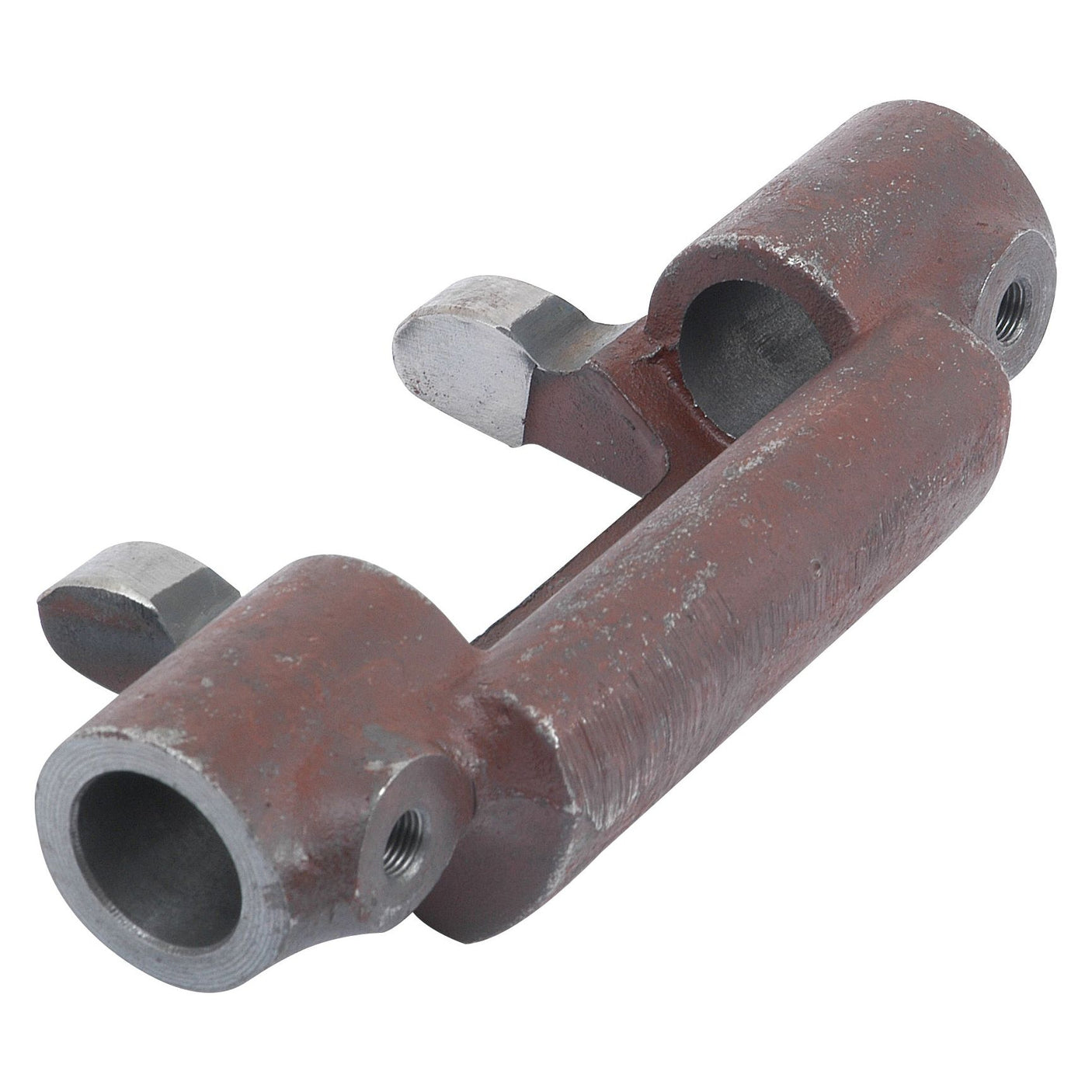 A close-up image of a rust-colored metal mechanical part with cylindrical holes and two protruding tabs, resembling a critical component from a Massey Ferguson, likely akin to the Clutch Fork | Sparex Part No. S.41964 by Sparex.