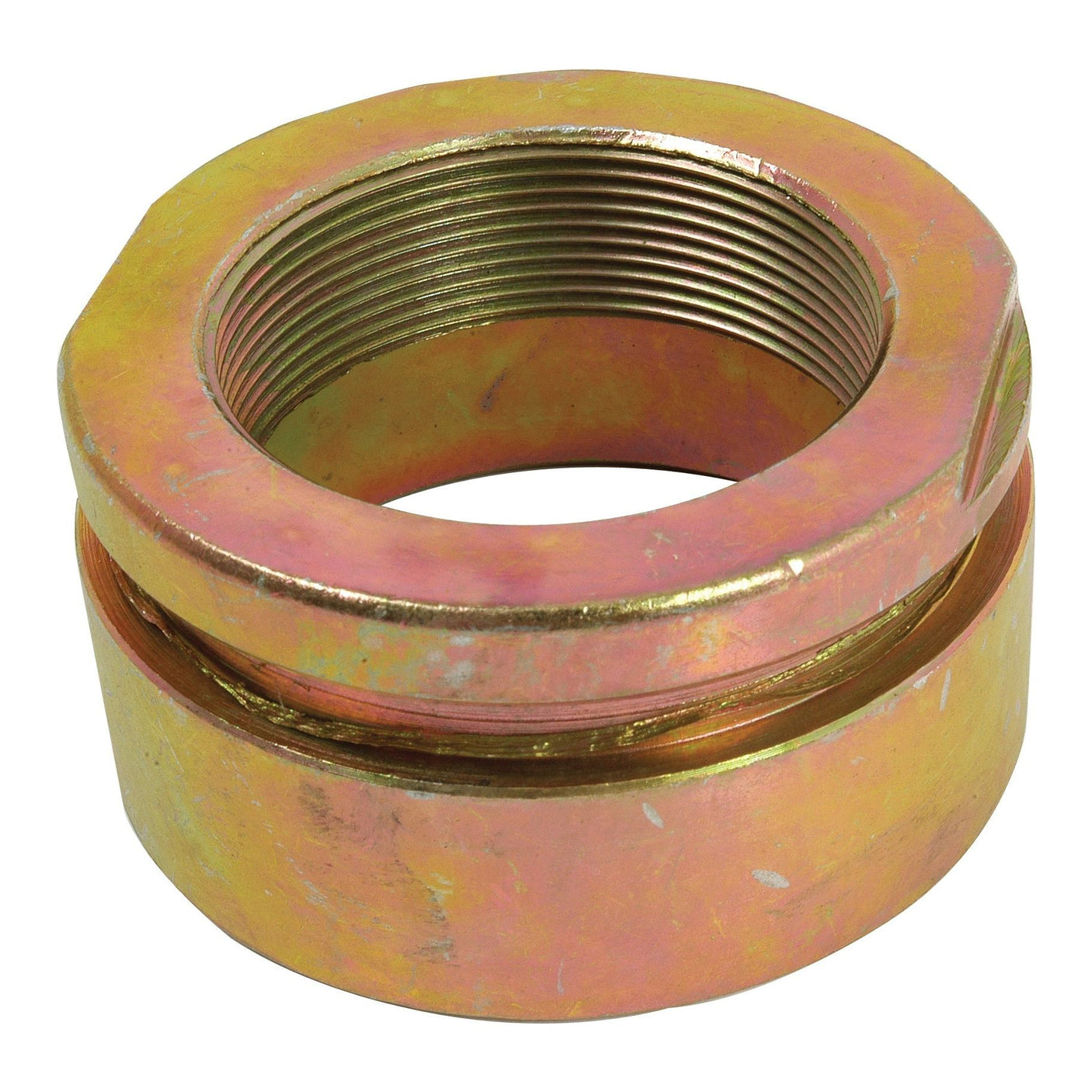 The Sparex Seal Retainer Housing (Part No. S.41989) is a metal hex nut with a large central threaded hole, featuring a yellowish-gold tone, visible threading, and slight surface wear that resembles parts found in Massey Ferguson machinery.