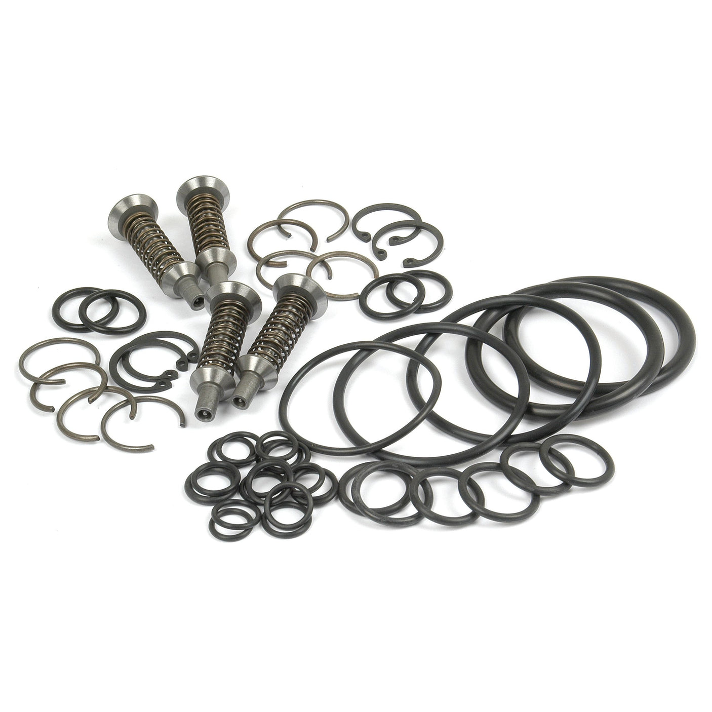 A Valve & O'Ring Kit (Sparex Part No. S.42009) featuring a variety of metal springs, clips, and various sizes of black rubber O-rings arranged on a white surface, ideal for Massey Ferguson repairs or Sparex parts replacement.