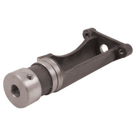 The Support - Linkage Control, Sparex Part No. S.42013, is a metal machine part featuring a cylindrical base and two holes on an elongated arm—one round and one threaded—designed specifically for Massey Ferguson machinery by Sparex.