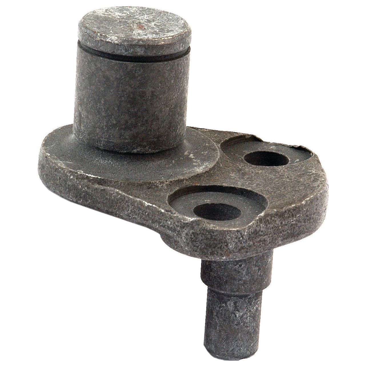 The Support Peg | Sparex Part No.S.42027 by Sparex is a metal car engine timing chain tensioner that features a cylindrical body with mounting holes and a support peg protruding alongside a rod.