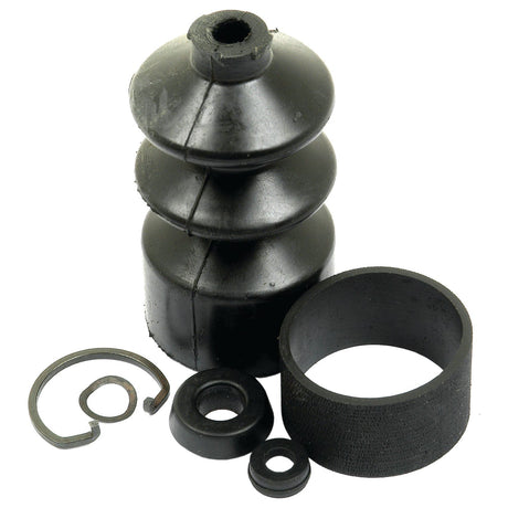 Various black rubber and metal components, including gaskets, washers, a bellows sleeve, and elements of the Sparex Brake Master Cylinder Repair Kit (Part No. S.42034), arranged on a white background.