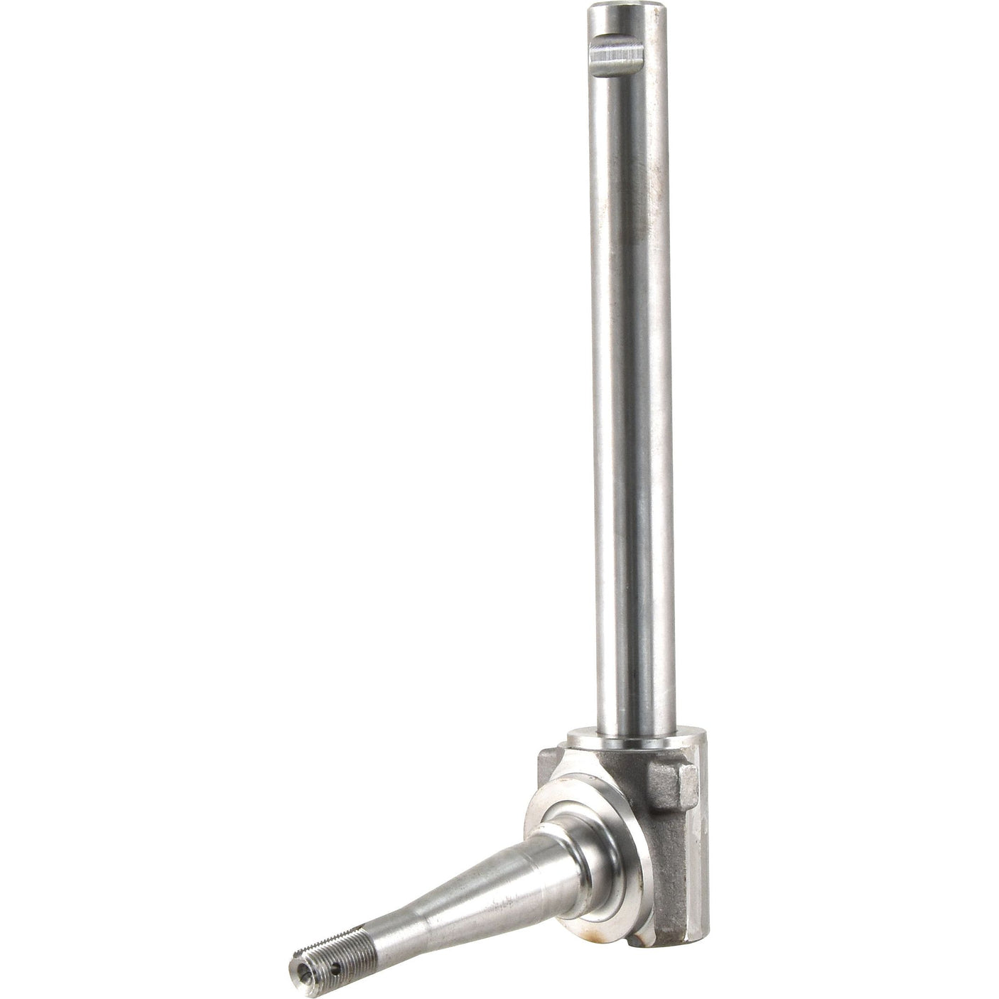 The Sparex Spindle LH (Part No. S.42038) is a metal spindle with a long cylindrical shaft and a tapered end, featuring a threaded tip, ideal for Massey Ferguson wheel hub assemblies.