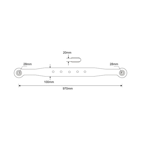 Technical diagram of the Sparex Lower Link Lift Arm - Ball Ø 28mm - Open Socket - RH & LH (Sparex Part No.S.42050) with precise measurements. It is 970mm long, has a width of 100mm at its widest point and 20mm at its narrowest, with indicated widths of 28mm at both ends.