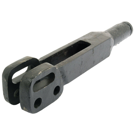 The **Levelling Box Fork - 1 UNS | Sparex Part No.S.42053** by **Sparex** is a robust metal clevis with a rectangular cutout and a cylindrical extension at one end, measuring 440mm in length. This durable component, perfect for Massey Ferguson machinery, features two holes at the wider end for easy connection to another part.