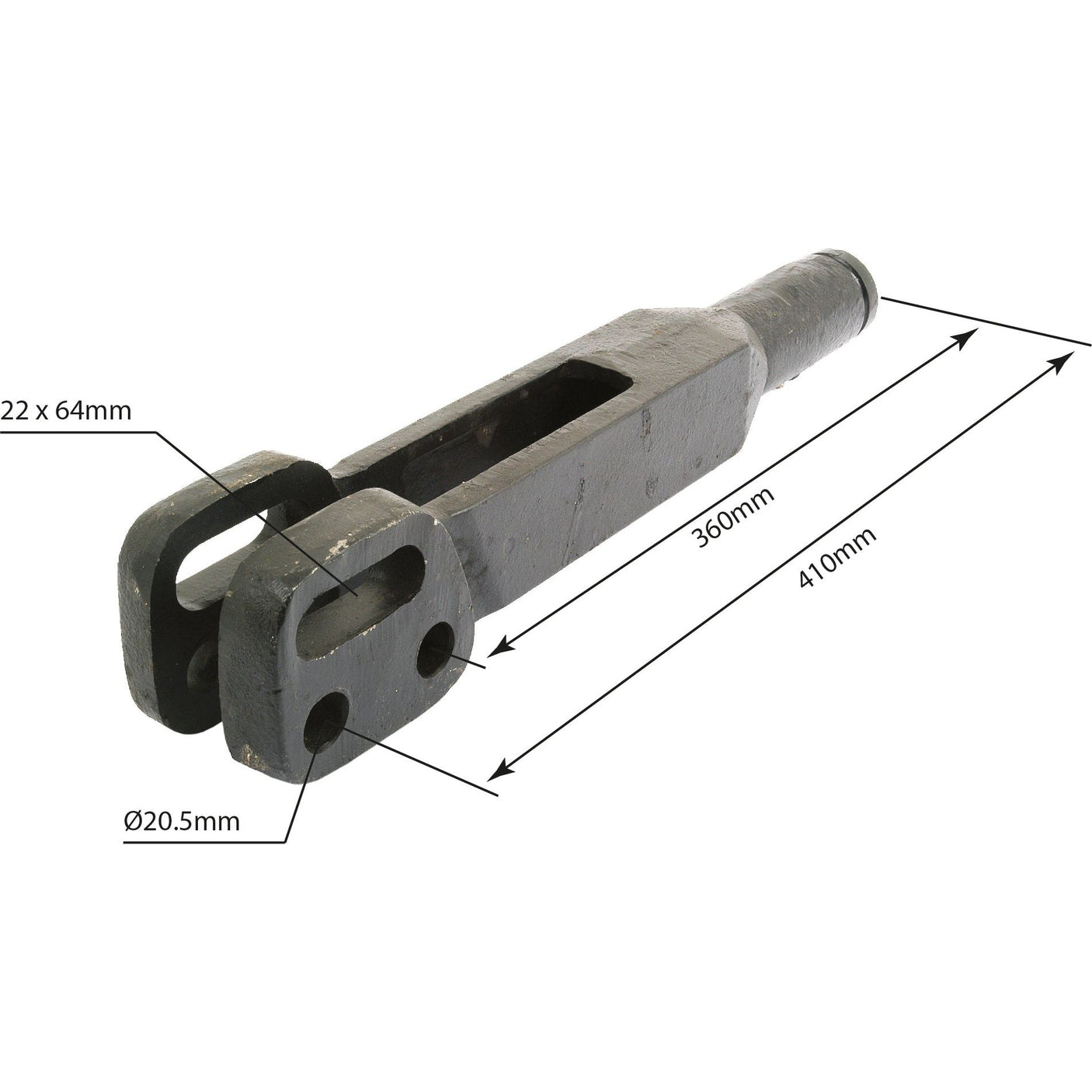 The Sparex Levelling Box Fork (Part No. S.42053) is a metal mechanical component with a forked end, measuring 360mm, 410mm, 22 x 64mm, and Ø20.5mm in dimensions. It is suitable for Massey Ferguson machinery, featuring a fork hole diameter of Ø20.5mm and a total length of 440mm.
